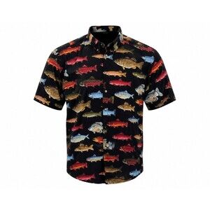 Tango by Max Raab Fish Print Button Front Shirt Men Medium Black Aloha Vintage